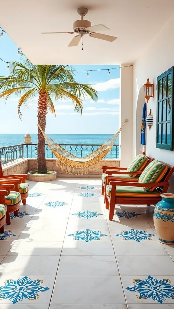 A coastal Mexican patio with wooden chairs, a hammock, blue patterned tiles, and a palm tree, overlooking the ocean.