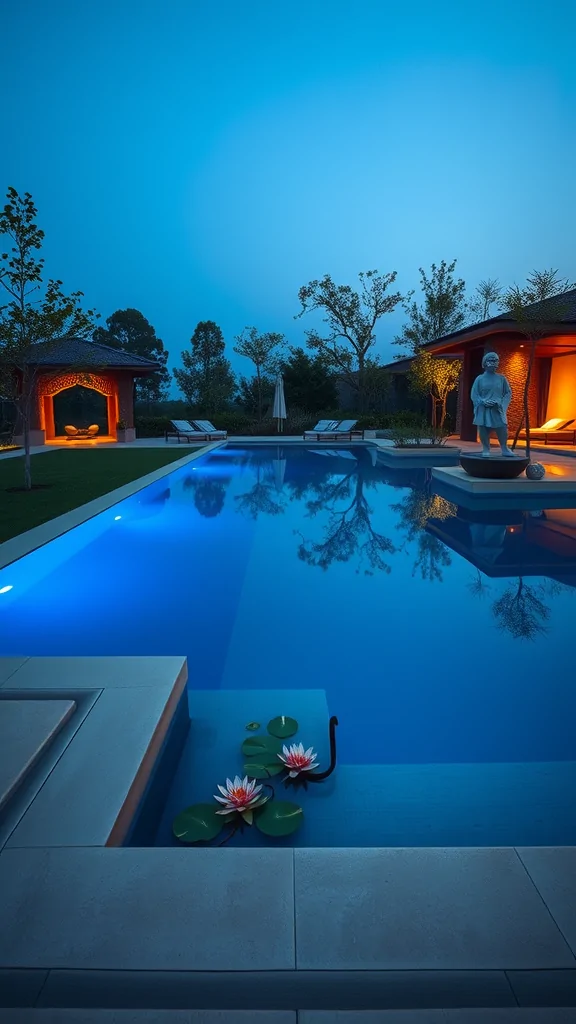 A contemporary infinity pool with reflecting pond, featuring water lilies and a serene atmosphere at dusk.