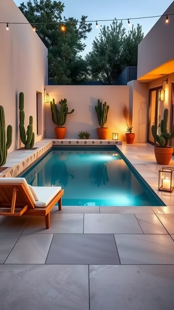 A contemporary Mexican patio featuring a pool surrounded by cacti and cozy seating.