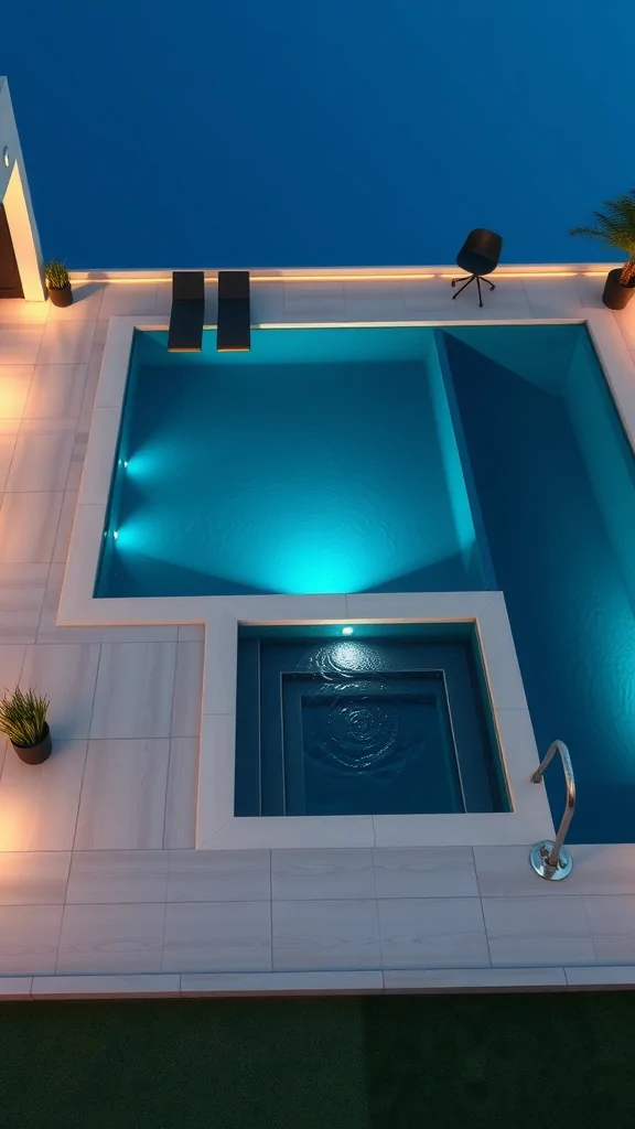 Contemporary pool design with integrated jacuzzi, illuminated evening setting, and lounge chairs.
