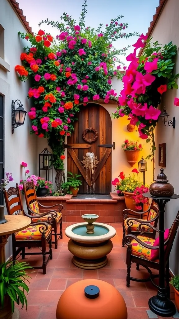 A picturesque courtyard garden patio featuring colorful flowers, comfortable seating, and a soothing fountain.