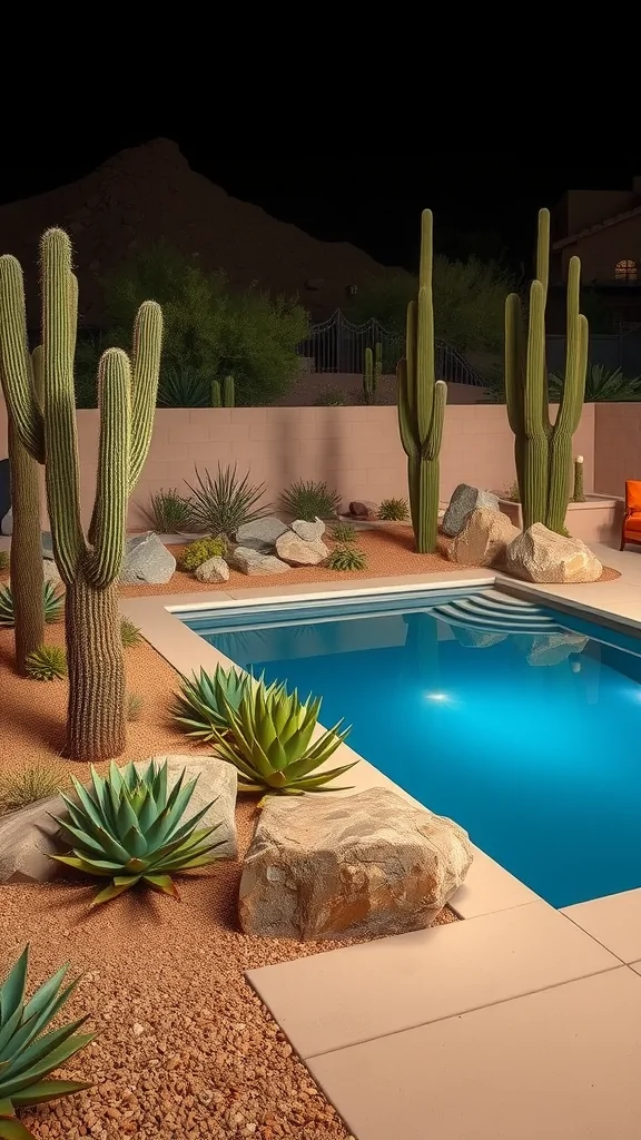 Desert-inspired swimming pool surrounded by cacti and succulents