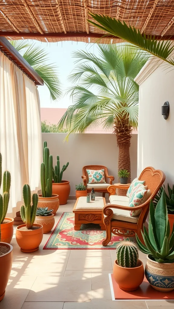 A cozy desert oasis patio with potted plants, comfortable seating, and a woven roof.