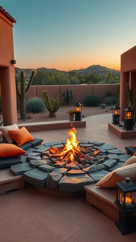 A cozy fire pit surrounded by stone, with cushions and lanterns, set against a desert backdrop at sunset.