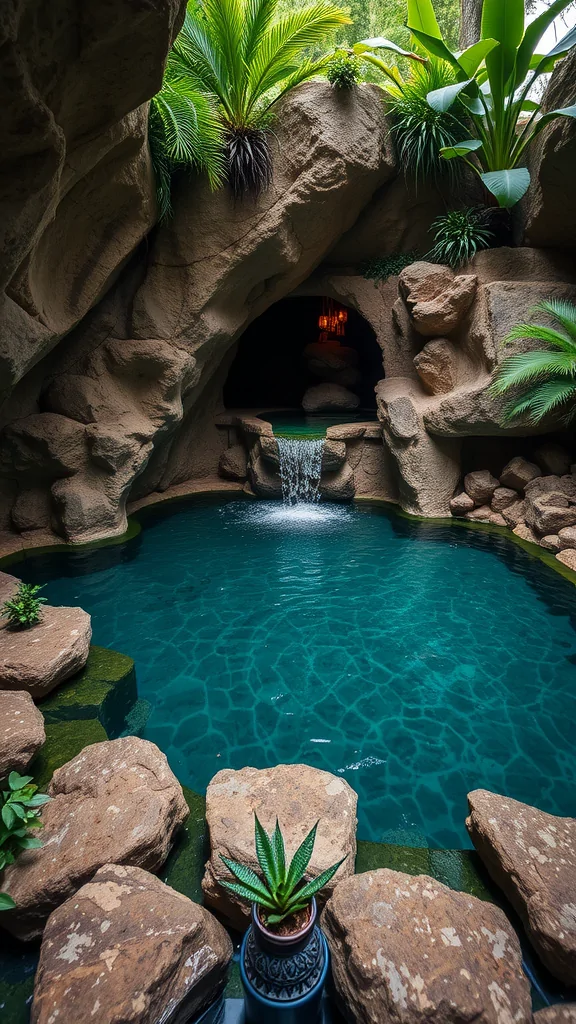 A grotto pool with a cave, featuring natural stone, plants, and a waterfall.