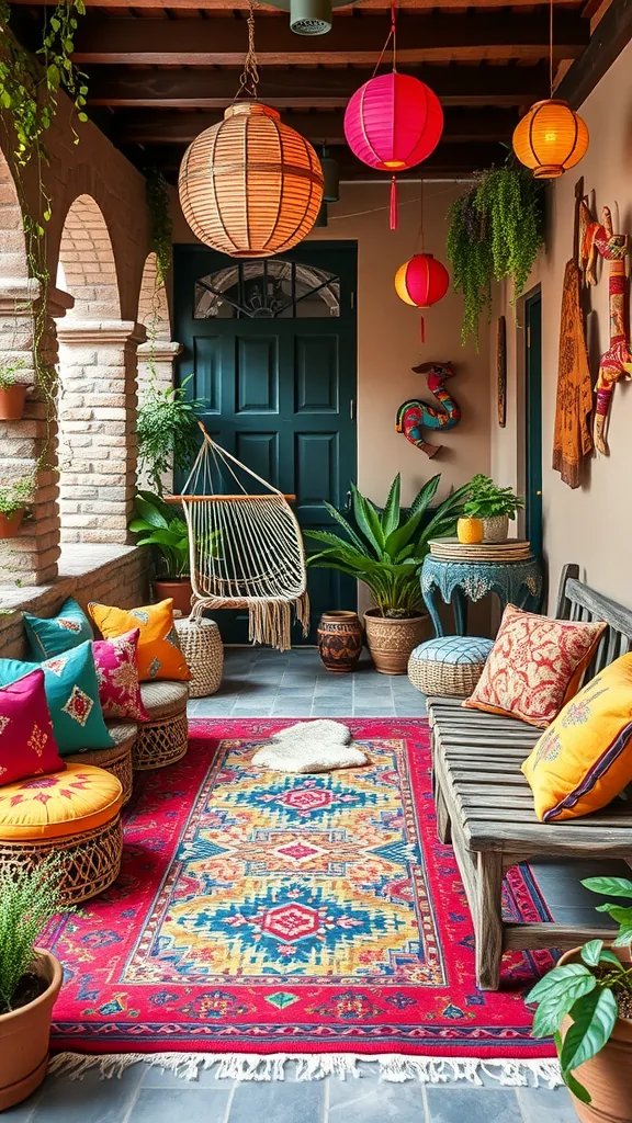 A vibrant Mexican Bohemian patio featuring colorful cushions, hanging lanterns, and greenery.