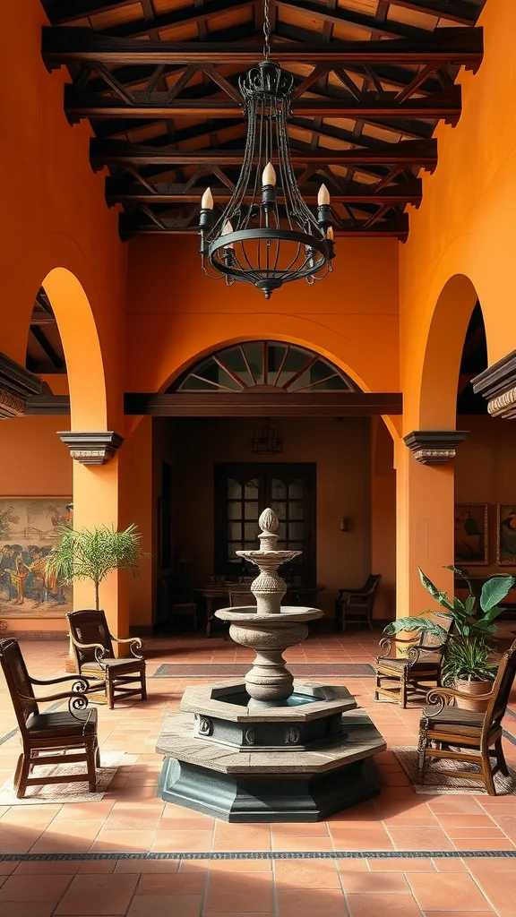 A beautiful Mexican colonial style patio featuring orange walls, a fountain, wooden chairs, and plants.