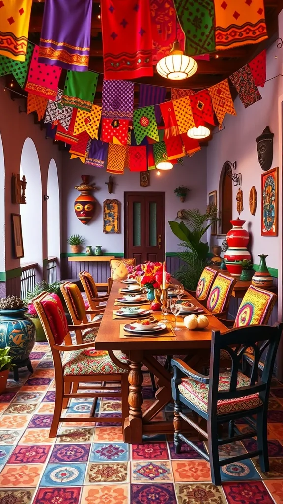 A vibrant Mexican patio decorated for a fiesta with colorful banners, a long table set for dining, and red chairs.