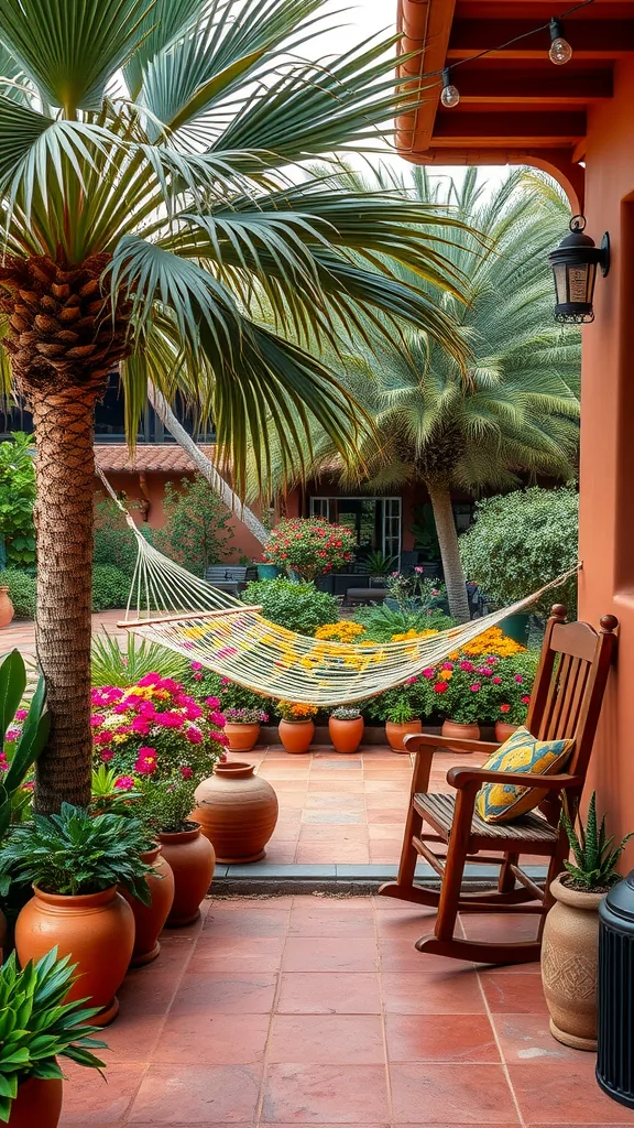 A colorful Mexican garden patio featuring a hammock, palm trees, and vibrant flowers in pots.