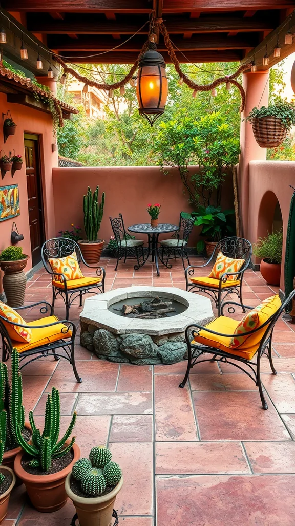 Cozy Mexican patio with a fire pit surrounded by chairs and colorful cushions.