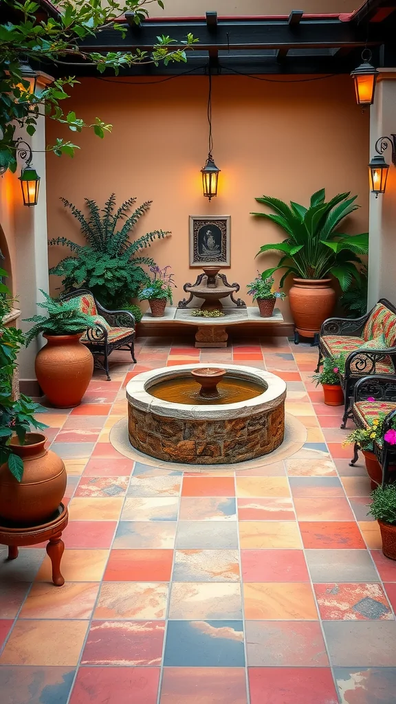 A beautiful Mexican patio featuring a central water fountain, colorful tiled floor, lush plants, and cozy seating.