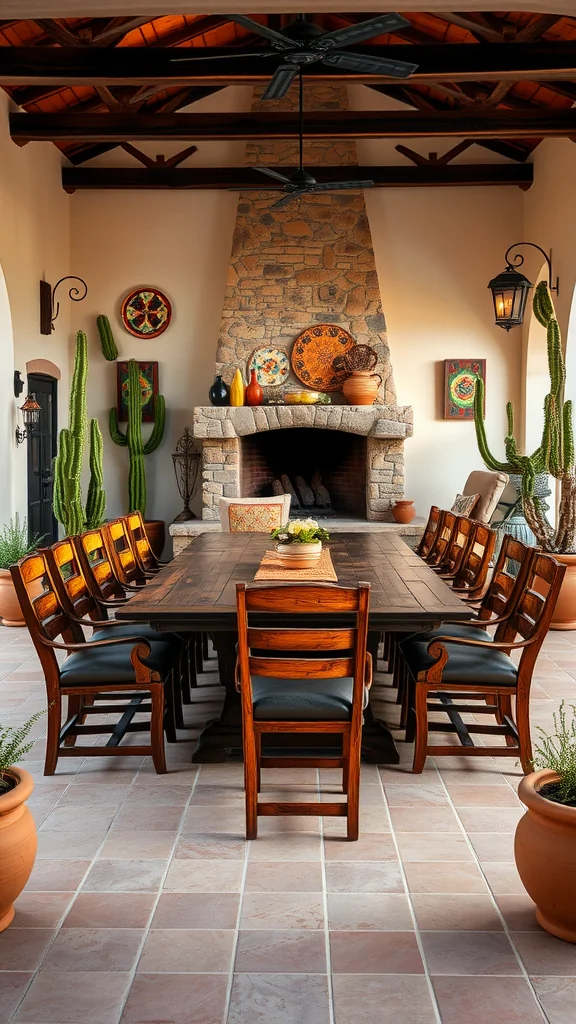 A beautifully designed Mexican ranch style patio featuring a large wooden table, stone fireplace, and decorative elements.