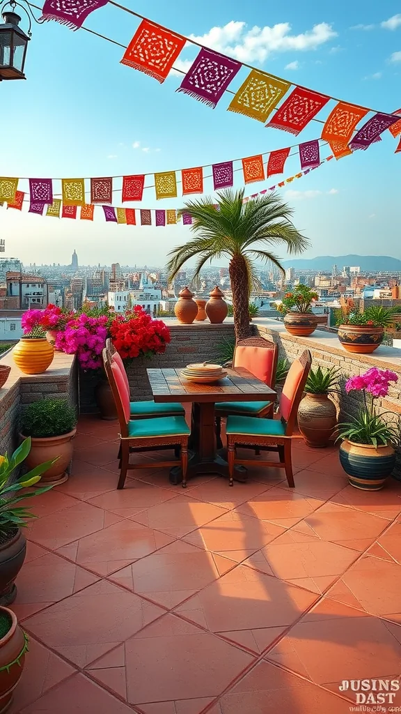 A colorful Mexican rooftop patio with flowers, papel picado banners, and a view of the city.