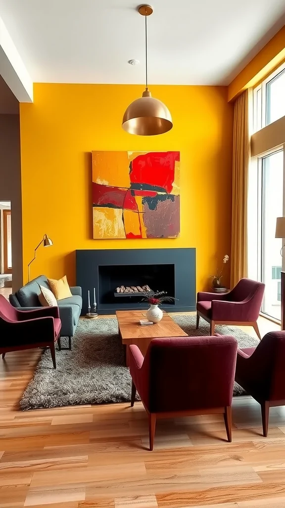 A mid-century modern living room featuring bold yellow walls, burgundy chairs, and an abstract painting.