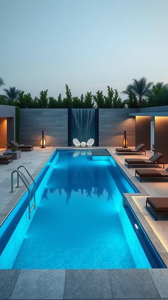 Modern pool with a water wall and lounge area featuring sunbeds and lush greenery