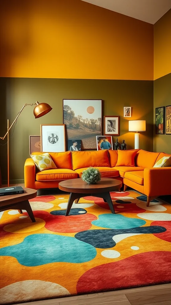 A cozy mid-century modern living room featuring a bright orange sofa, colorful patterned rug, and retro decor.