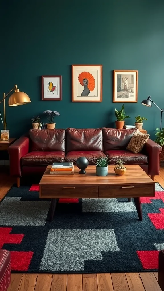 Cozy mid-century modern living room featuring a vintage leather sofa, wooden coffee table, and dark green walls.