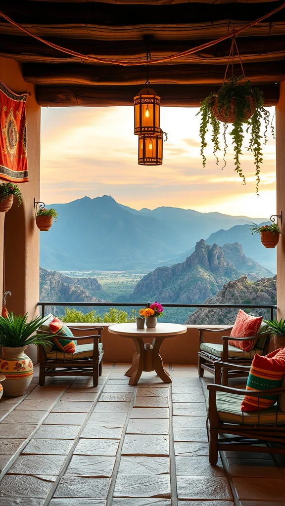 Cozy Mexican patio with mountain view, featuring colorful seating and lantern.