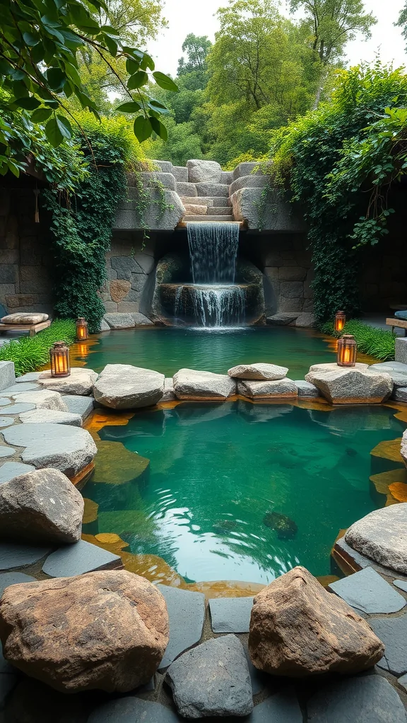 Natural stone pool with a waterfall and lush greenery.