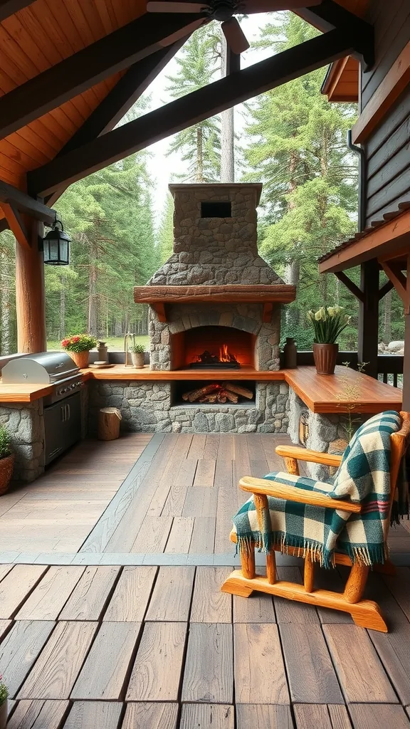 A cozy outdoor kitchen patio in a Northwoods cabin style with a stone fireplace, grill, and wooden seating.