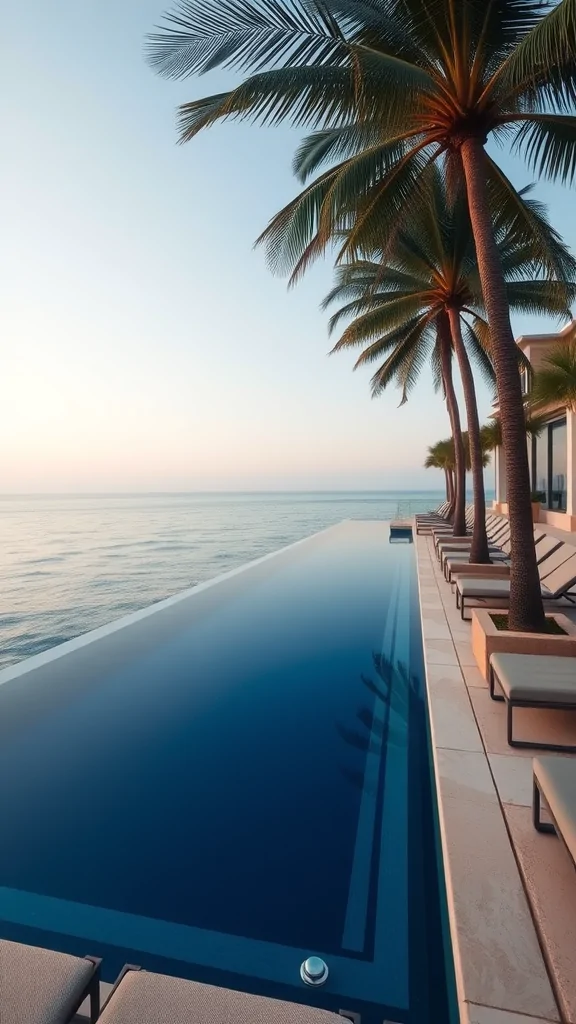 An oceanfront infinity pool with a glass edge, surrounded by palm trees and loungers.
