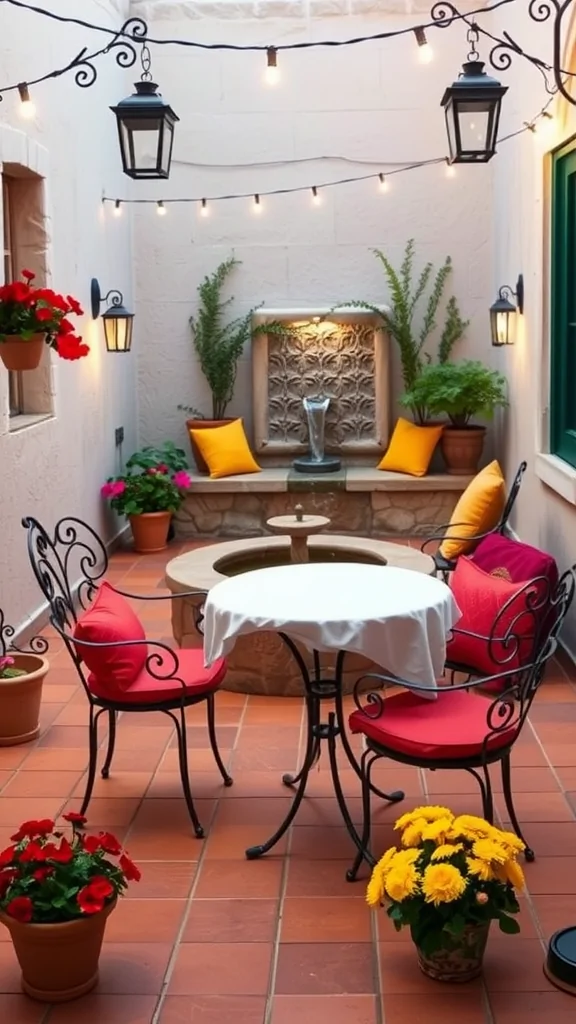 Cozy Mexican patio with a table for two, surrounded by plants and lights.