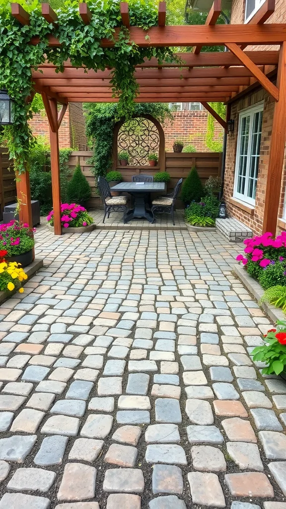 A rustic cobblestone paver patio with a wooden pergola, chairs, and colorful flowers