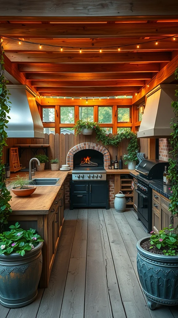 Rustic farmhouse outdoor kitchen patio with wooden beams, string lights, and plants