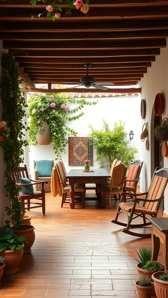 A rustic Mexican farmhouse patio featuring wooden beams, colorful furniture, potted plants, and hanging flowers.