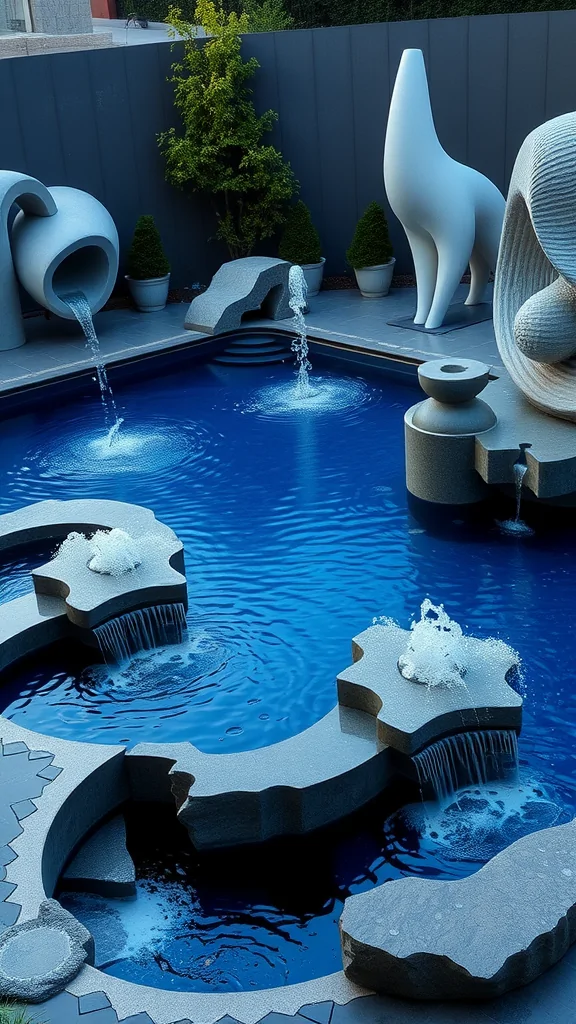 A sculptural pool featuring artistic water features with flowing water, creative shapes, and a vibrant blue surface.