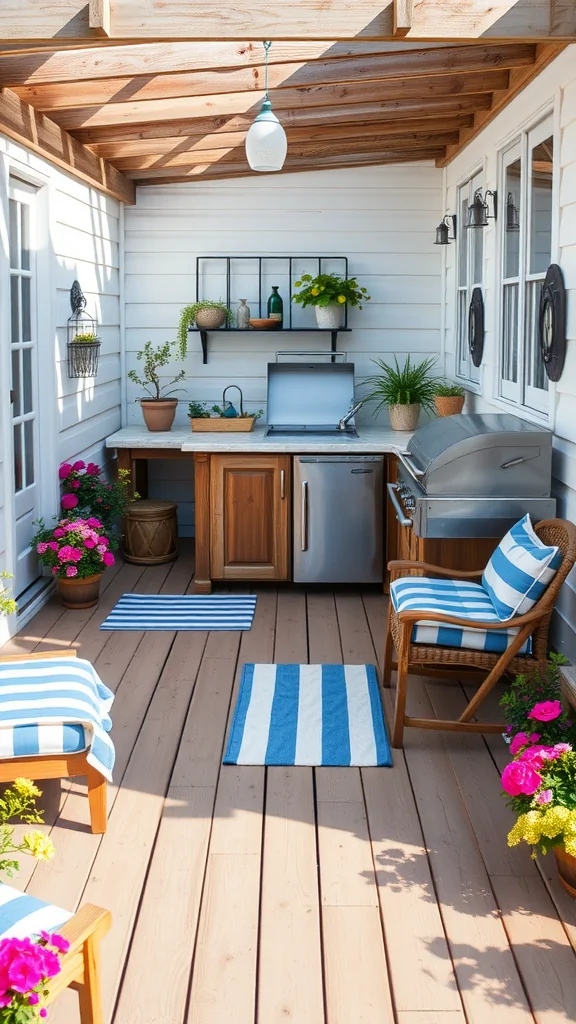 A cozy seaside cottage outdoor kitchen patio with modern grill, wooden cabinetry, and colorful flowers.