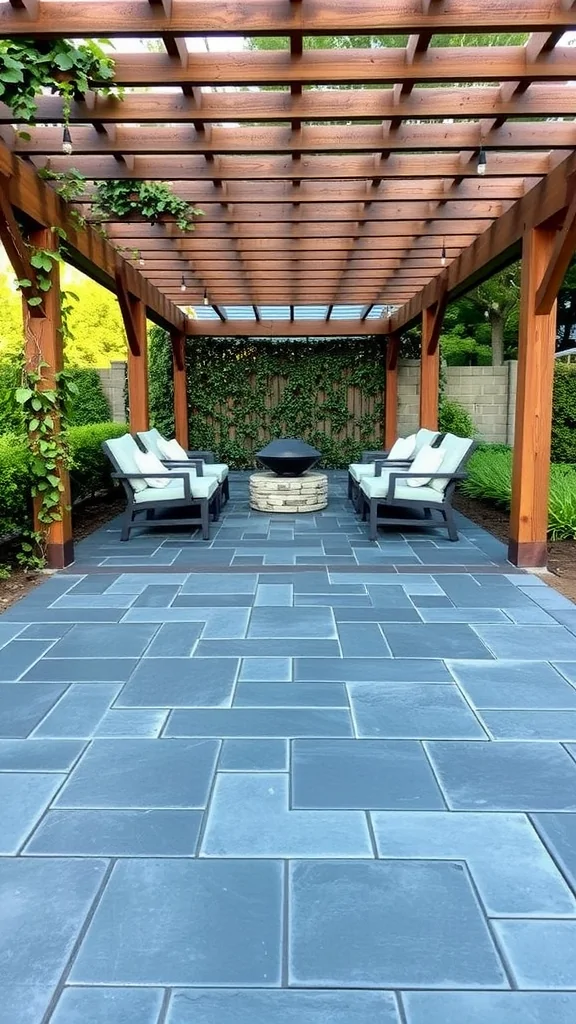 A slate paver patio featuring a wooden pergola with seating and a fire pit.