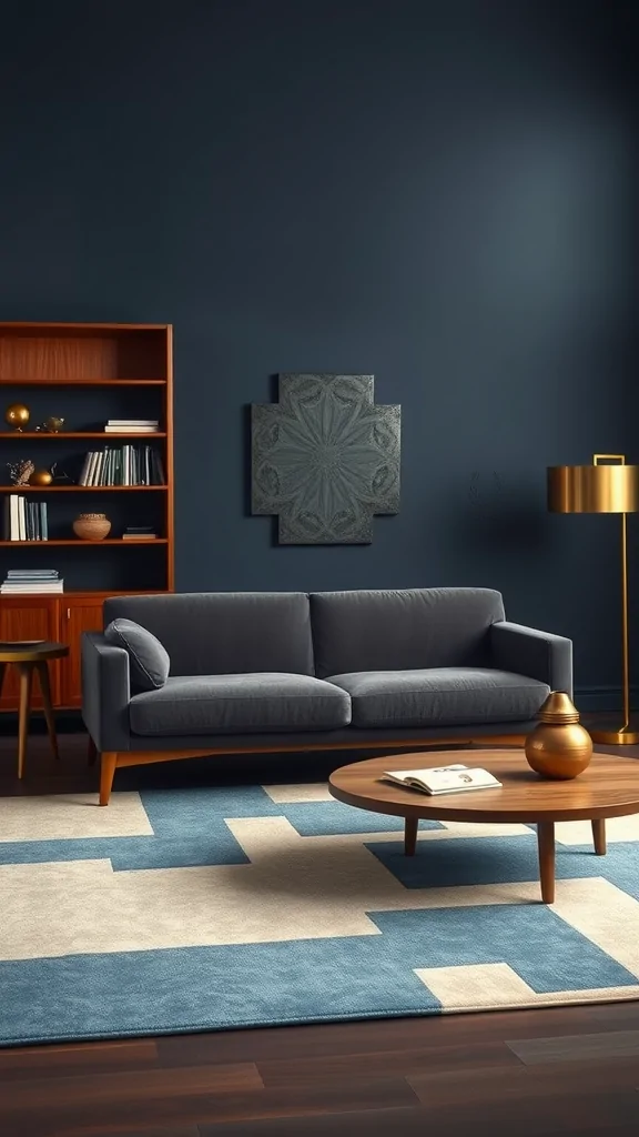 A sophisticated mid-century modern living room featuring a grey sofa, dark blue walls, and dark wood furniture.