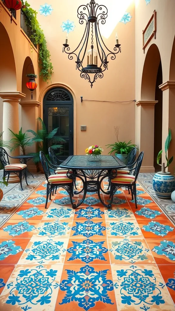 A Spanish-Mexican fusion patio featuring colorful patterned tiles, wrought iron furniture, and a decorative chandelier.