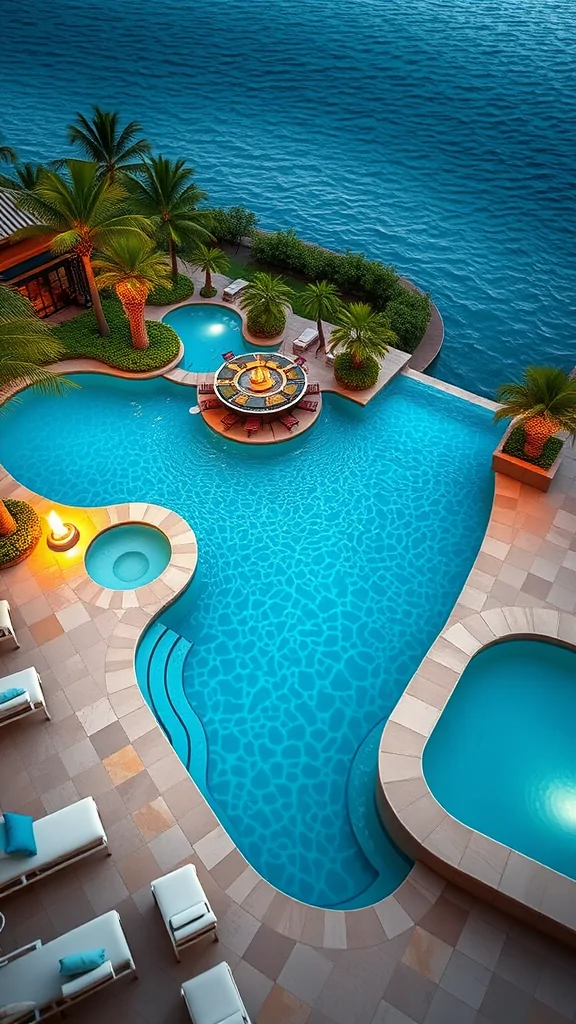 An aerial view of a luxurious pool featuring a swim-up bar, palm trees, and a clear blue ocean backdrop.