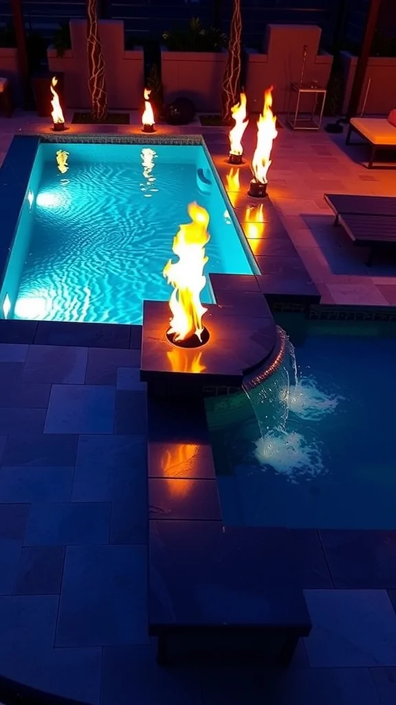 A nighttime view of a swimming pool with fire features, showcasing illuminated water and flames.