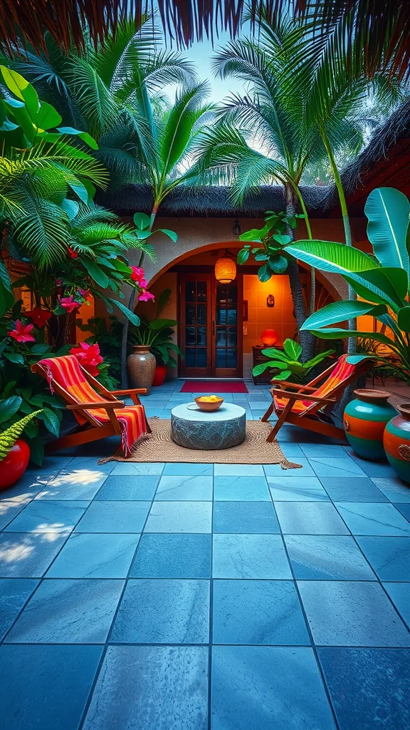 A tropical Mexican patio featuring lush plants, colorful flowers, and cozy seating.