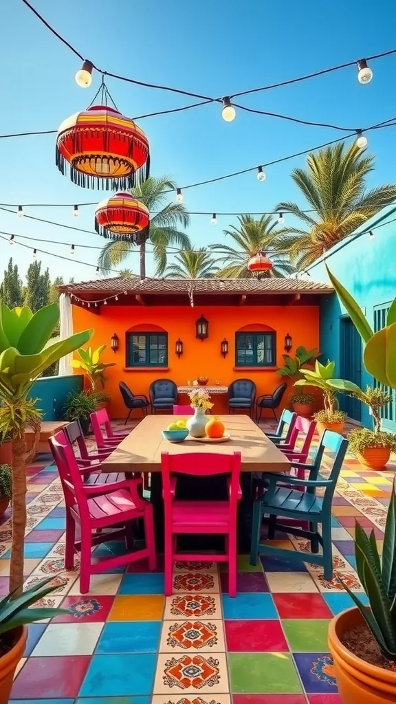 A colorful Mexican patio featuring a large table with vibrant chairs, hanging lanterns, and a tiled floor.