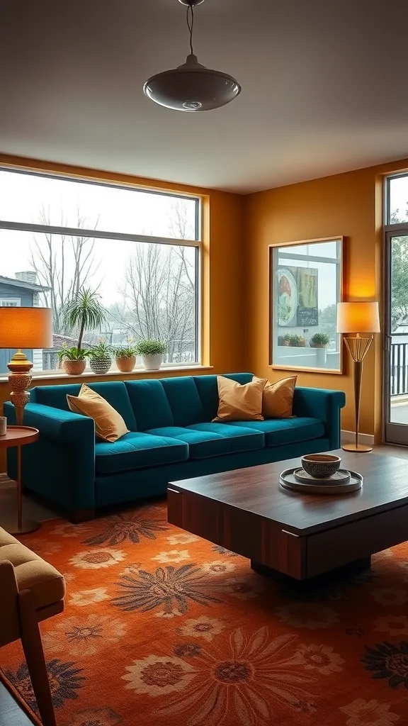 A moody mid-century modern living room featuring a teal sofa, orange walls, a patterned rug, and large windows.