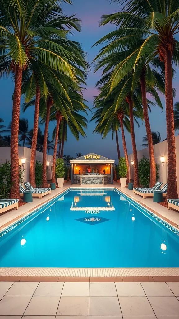 Vintage Hollywood pool surrounded by palm trees with a bar and lounge chairs.